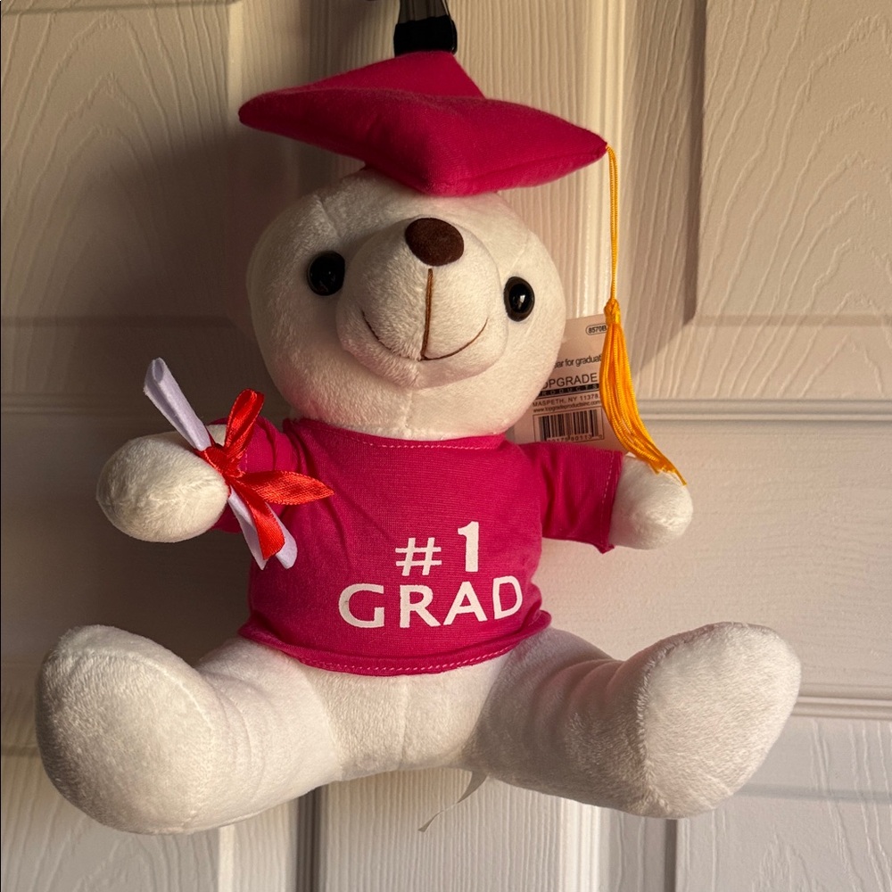 #1 Grad White Bear in Hot Pink Graduation Outfit